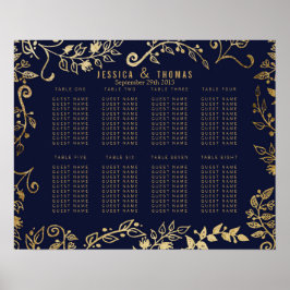 Póster Elegante gráfico de asientos florales de oro azul