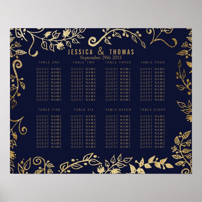 Póster Elegante gráfico de asientos florales de oro azul  (Frente)