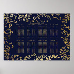 Póster Elegante gráfico de asientos florales de oro azul