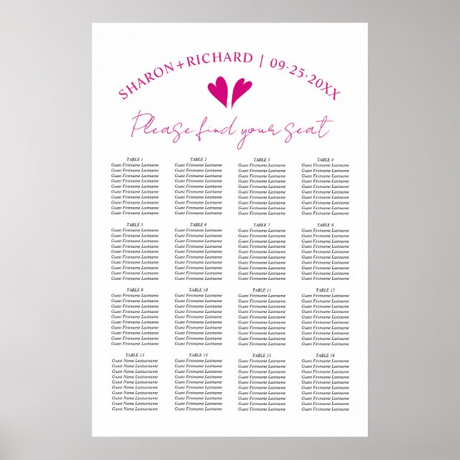 Póster Elegante gráfico de asientos magenta rosa boda (Frente)