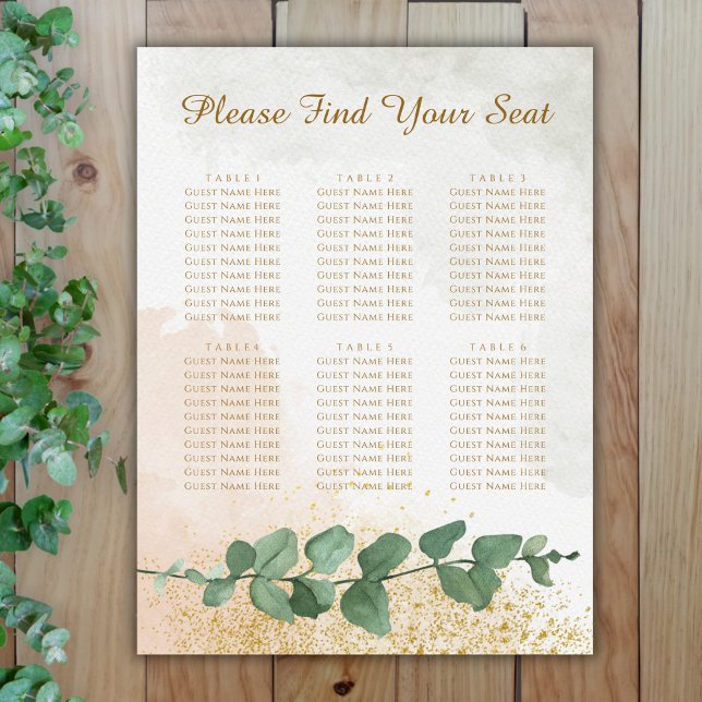 Póster Elegante gráfico de asientos verde y Boda de oro (Elegant Green & Gold Photo Wedding Seating Chart (6 Tables))