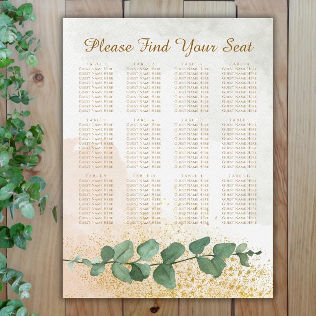 Póster Elegante gráfico de asientos verde y Boda de oro (Elegant Green & Gold Photo Wedding Seating Chart (12 Tables))