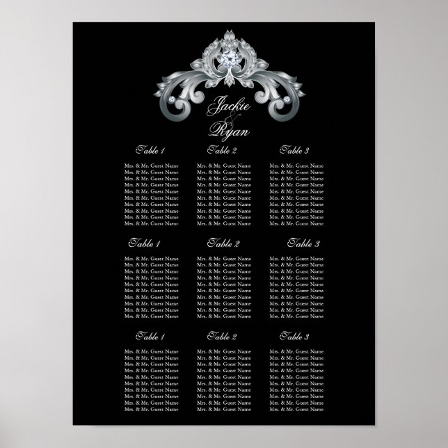 Póster Elegante gráfico de plan de asiento de boda negro  (Frente)