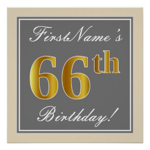 Póster Elegante, Gris, Dorado Falso Cumpleaños 66 + Nombr