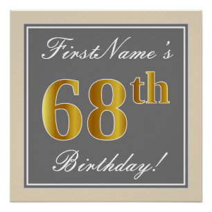 Póster Elegante, Gris, Dorado Falso Cumpleaños 68 + Nombr