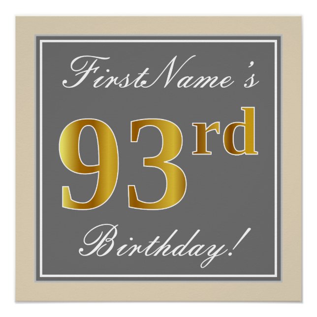 Póster Elegante, Gris, Dorado Falso Cumpleaños 93 + Nombr (Anverso)