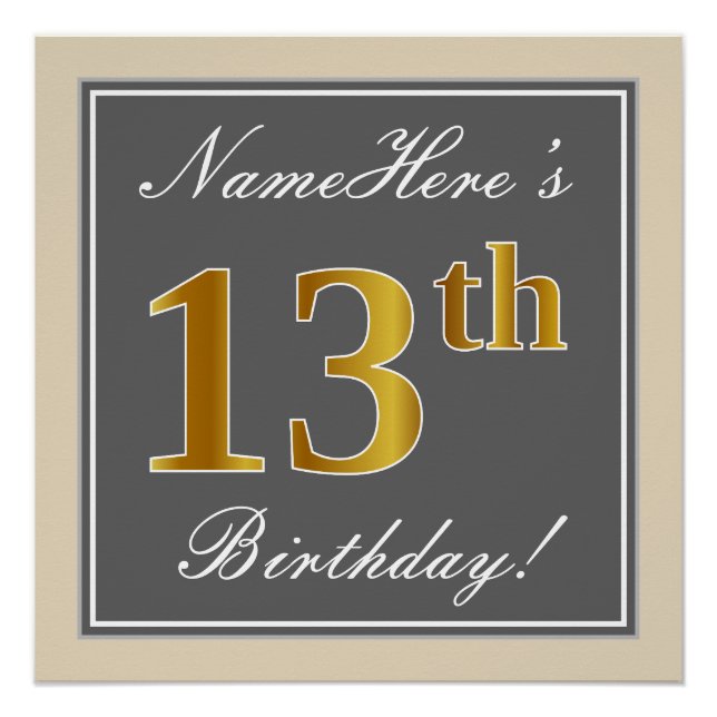 Póster Elegante, gris, falso oro 13 cumpleaños + nombre (Anverso)