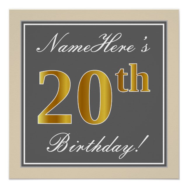 Póster Elegante, gris, falso oro 20 cumpleaños + nombre (Anverso)