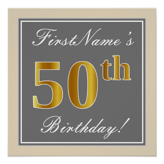 Póster Elegante, gris, falso oro Cumpleaños 50 + Nombre (Anverso)