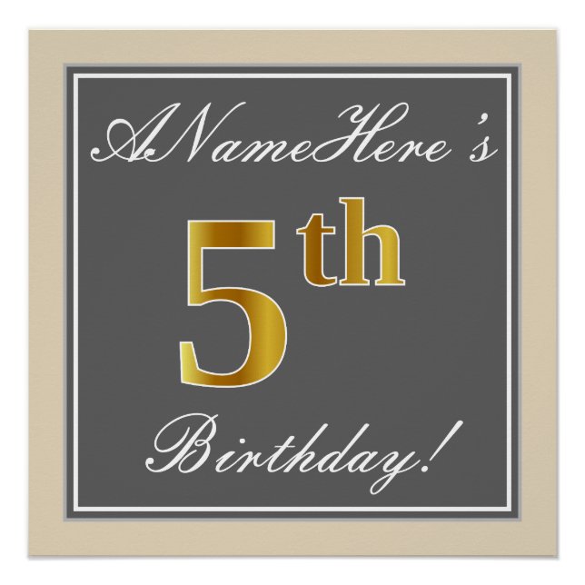 Póster Elegante, gris, falso oro quinto cumpleaños; nombr (Anverso)