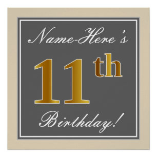 Póster Elegante, Gris, Faux Gold 11 cumpleaños + nombre