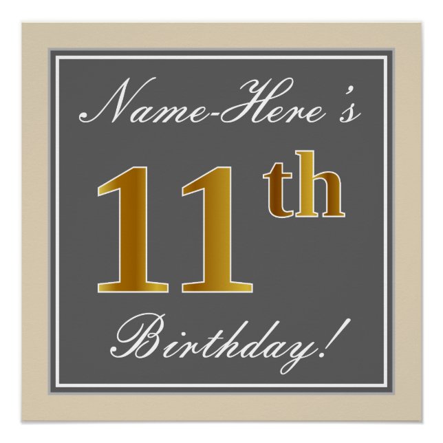 Póster Elegante, Gris, Faux Gold 11 cumpleaños + nombre (Anverso)