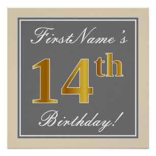 Póster Elegante, Gris, Faux Gold 14th Birthday + Nombre