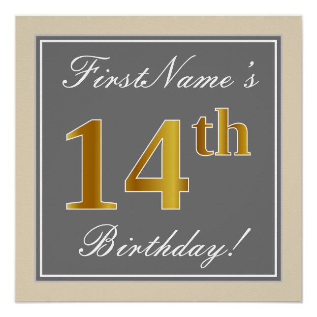 Póster Elegante, Gris, Faux Gold 14th Birthday + Nombre (Anverso)