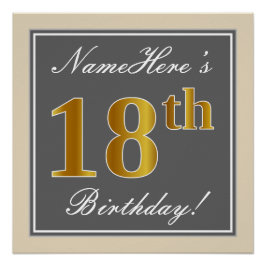 Póster Elegante, Gris, Faux Gold 18 cumpleaños + nombre