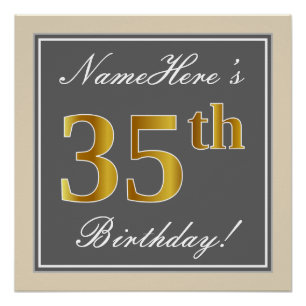 Póster Elegante, Gris, Faux Gold 35 cumpleaños + nombre