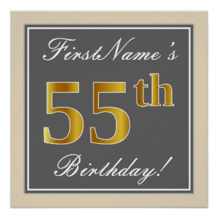 Póster Elegante, Gris, Faux Gold 55th Birthday + Nombre