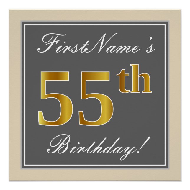 Póster Elegante, Gris, Faux Gold 55th Birthday + Nombre (Anverso)