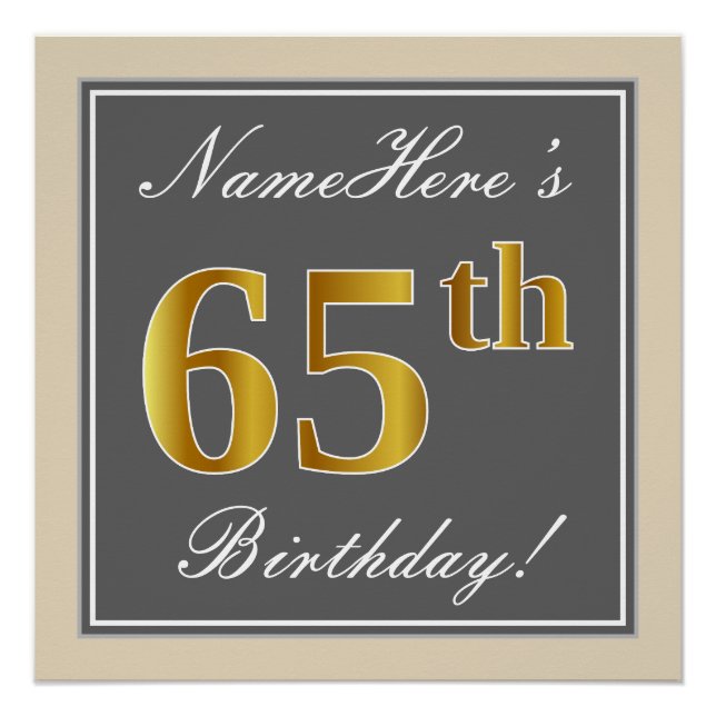 Póster Elegante, Gris, Faux Gold 65th Birthday + Nombre (Anverso)