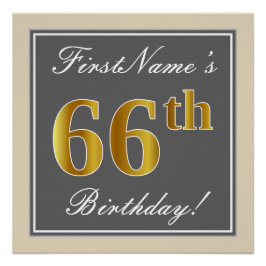 Póster Elegante, Gris, Faux Gold 66th Birthday + Nombre