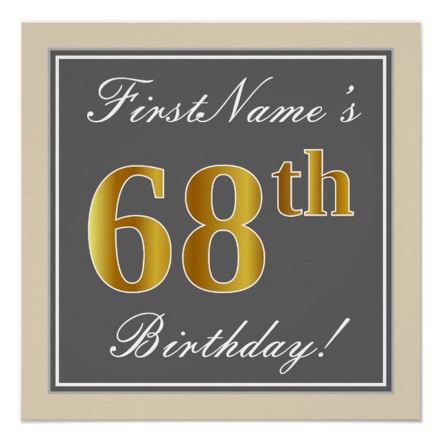 Póster Elegante, Gris, Faux Gold 68th Birthday + Nombre (Anverso)