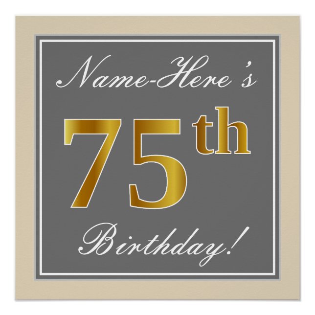 Póster Elegante, Gris, Faux Gold 75th Birthday + Nombre (Anverso)
