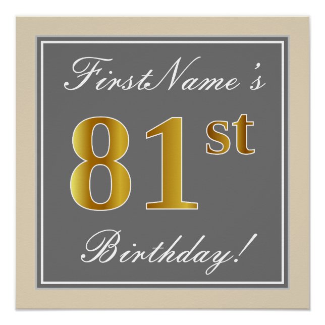 Póster Elegante, Gris, Faux Gold 81st Birthday + Nombre (Anverso)