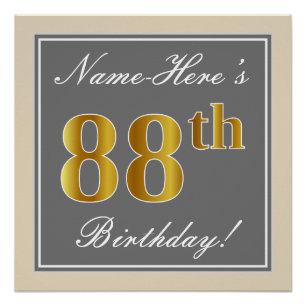 Póster Elegante, Gris, Faux Gold 88th Birthday + Nombre