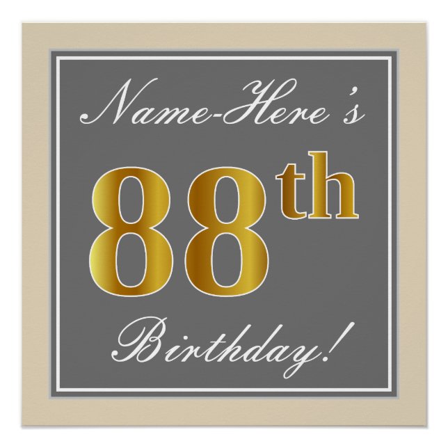 Póster Elegante, Gris, Faux Gold 88th Birthday + Nombre (Anverso)