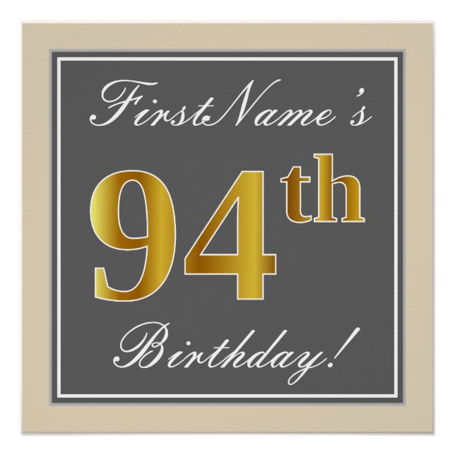 Póster Elegante, Gris, Faux Gold 94th Birthday + Nombre (Anverso)