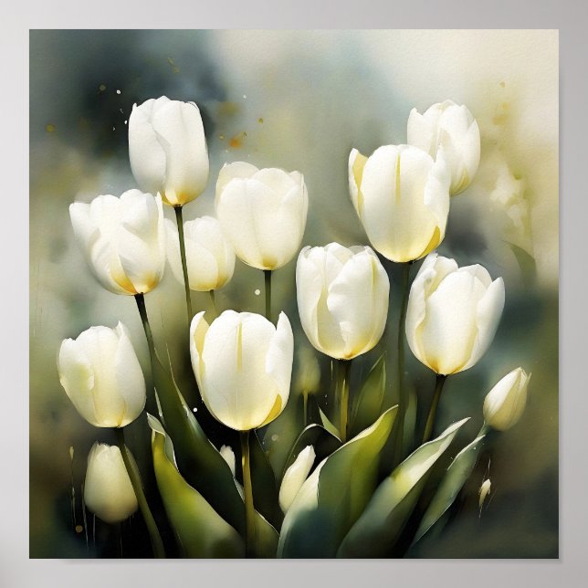 Póster Elegante grupo de tulipanes blancos en un jardín s (Frente)
