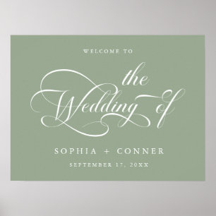 Póster Elegante guión Boda Sage Green Welcome Sign