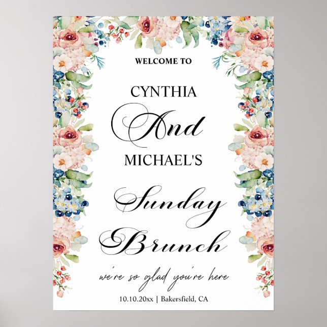 Póster Elegante guión "Brunch dominical" Boda Floral (Frente)