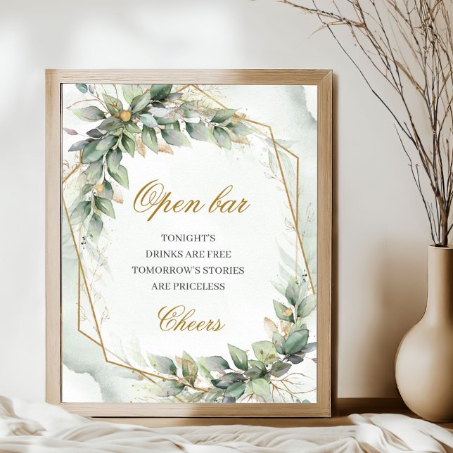 Póster Elegante guión de oro de eucalipto verde Signo de  (Watercolor greenery foliage gold glitter wedding open bar sign poster)
