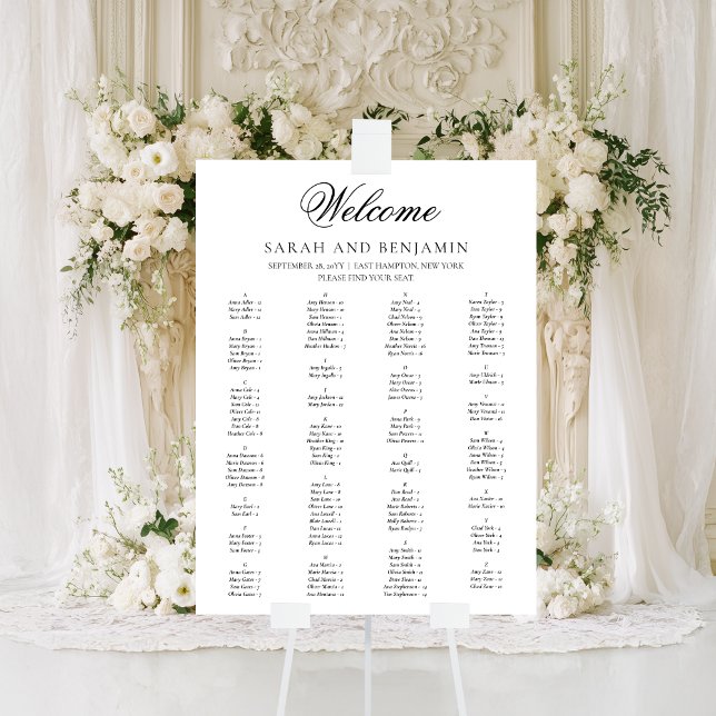 Póster Elegante guión negro gráfico mínimo de asientos Bo (This elegant wedding seating chart leaves plenty of space for guest names.)
