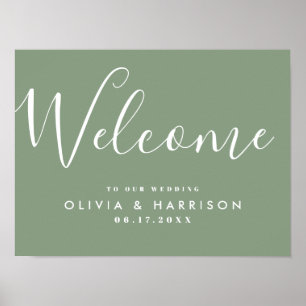 Póster Elegante guión Sage Boda verde signo de bienvenida