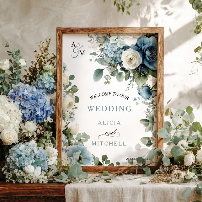 Póster Elegante Hidrangea Azul Marfil Rosa Boda Floral (Elegant Blue Hydrangea Ivory Rose Floral Wedding Poster)
