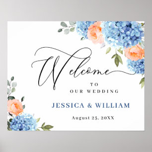 Póster Elegante Hortensia Azul Rosas con Rubor Rosa Boda