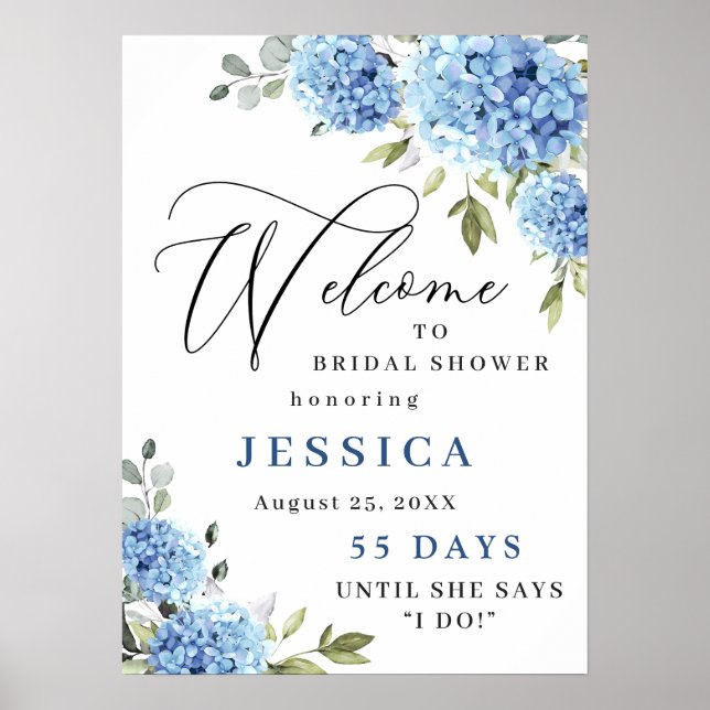 Póster Elegante Hydrangea Azul Eucalyptus Ducha Bridal (Frente)