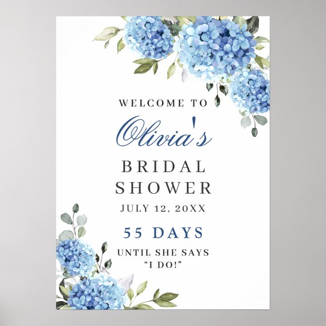 Póster Elegante Hydrangea Azul Eucalyptus Ducha Bridal (Frente)