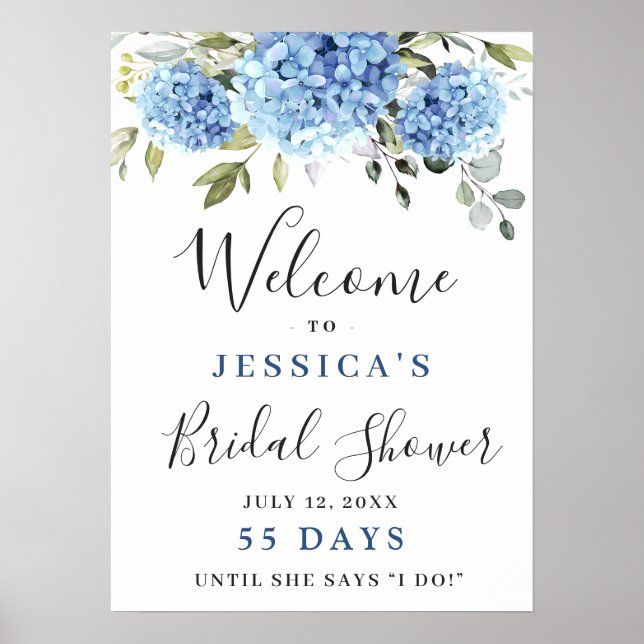 Póster Elegante Hydrangea Azul Eucalyptus Ducha Bridal (Frente)