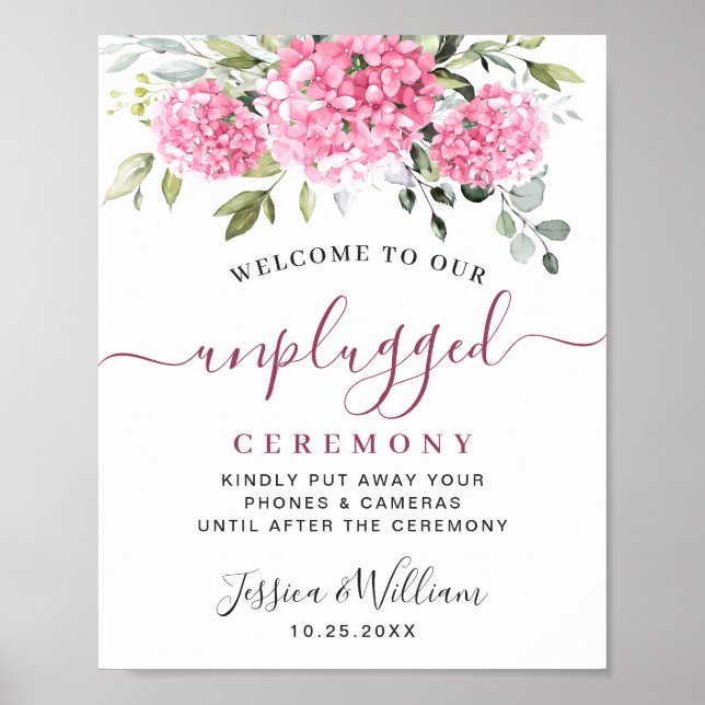 Póster Elegante Hydrangea Rosa Ceremonia Boda desenchufad (Frente)