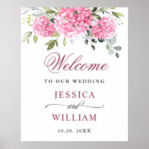 Póster Elegante Hydrangea Rosa Eucalyptus Boda Bienvenida