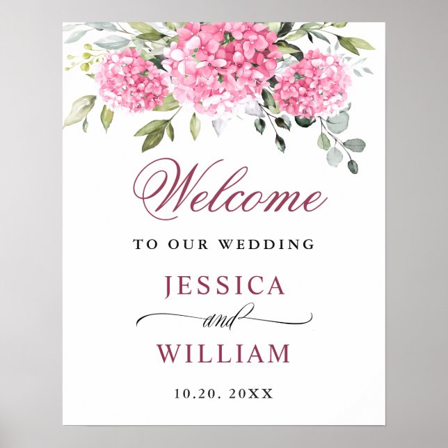 Póster Elegante Hydrangea Rosa Eucalyptus Boda Bienvenida (Frente)