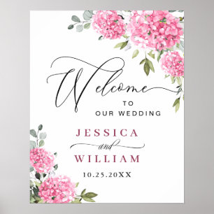 Póster Elegante Hydrangea Rosa Eucalyptus Boda Bienvenida