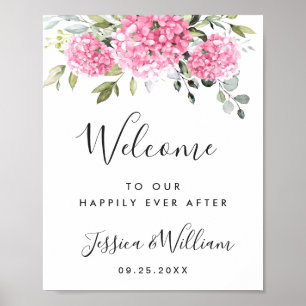 Póster Elegante Hydrangea Rosa Eucalyptus Boda Bienvenida