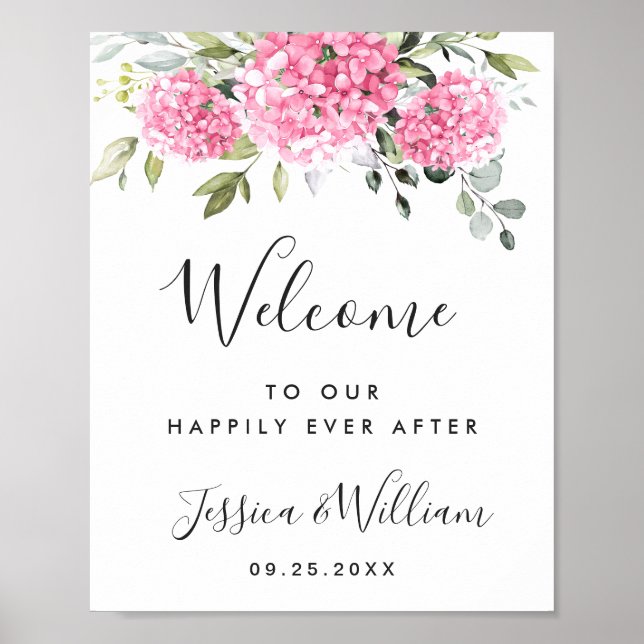 Póster Elegante Hydrangea Rosa Eucalyptus Boda Bienvenida (Frente)