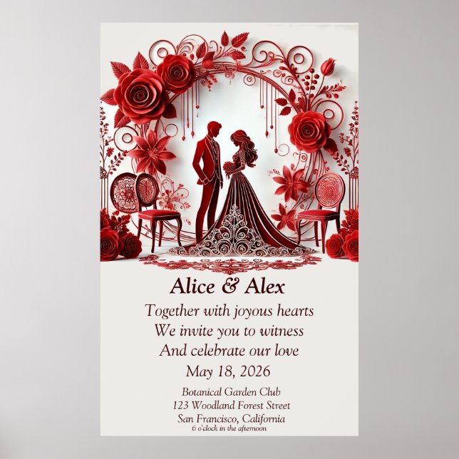 Póster Elegante Ilustracion Boda Rojo Con Diseño Floral (Frente)
