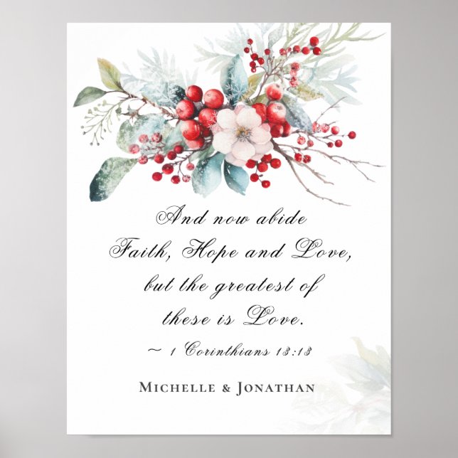 Póster Elegante invierno Floral Boda Escritura cristiana (Frente)