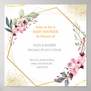 Póster Elegante Invitación de Baby Shower Floral Dorado G